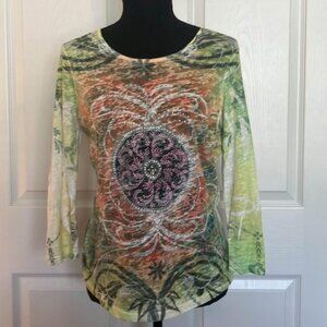 Reba Ladies Multicolored Floral With Bling Long Sleeve Sheer Top Size Small